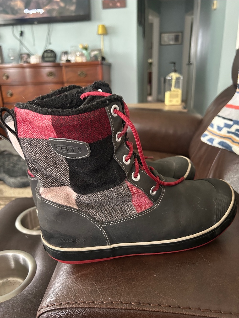 Keen Women's Black Winter Boots with Red Plaid Accents